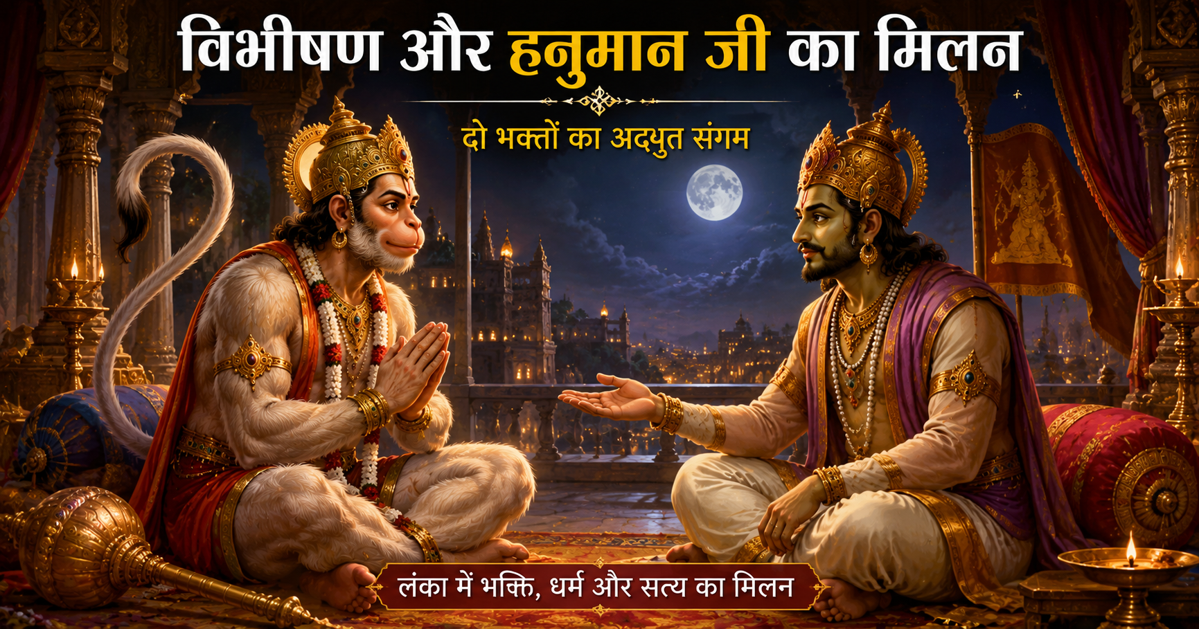 विभीषण और हनुमान जी का मिलन — लंका प्रसंग का चित्रण